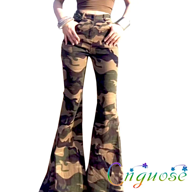 

Женские камуфляжные расклешенные брюки, длинные брюки с высокой талией в стиле ретро, 2021