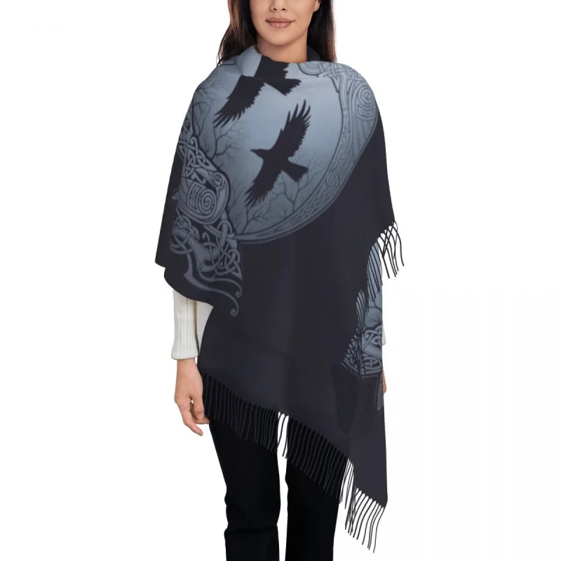 

Custom Printed Odin Ravens Scarf Women Men Winter Fall Warm Scarves Viking Norse Huginn and Muninn Shawls Wraps