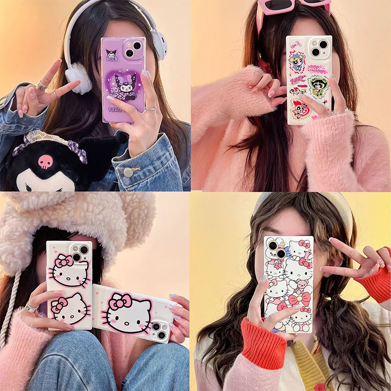 

Чехол для телефона Kawaii Hello Kittys Sanrio, милый чехол для телефона Kuromi Cinnamoroll с аниме, iPhone 14 13 12 11 X Pro Max Plus, игрушки для девочек