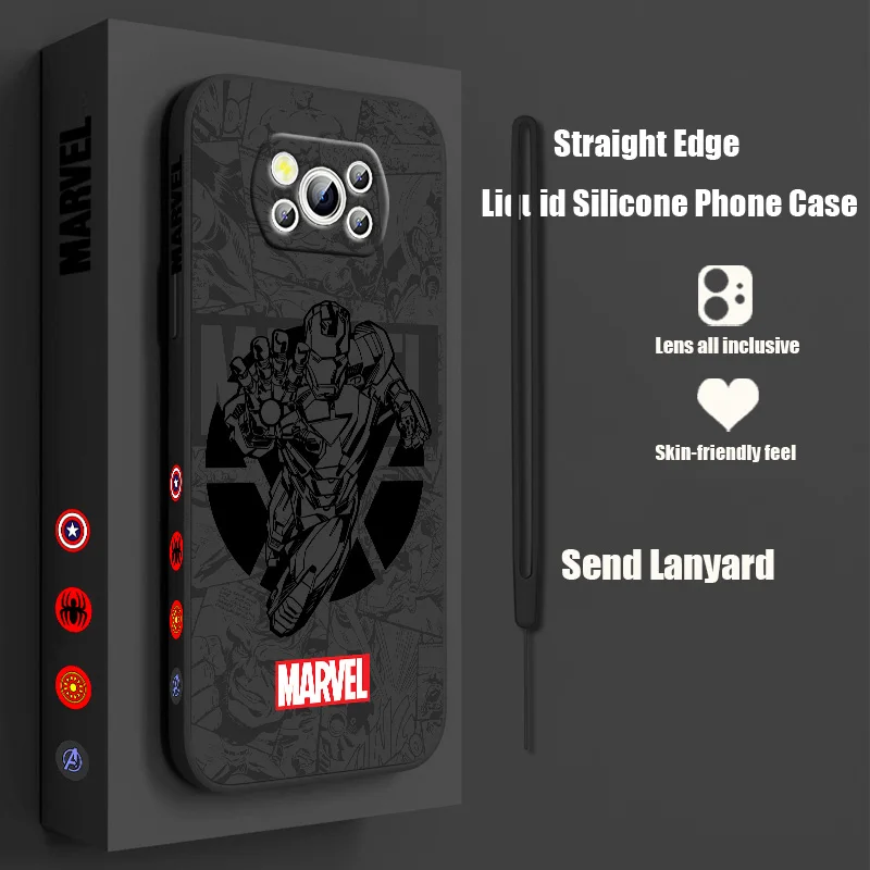 

Marvel Cute Hero For POCO C55 C50 C40 M5S M4 M3 F4 F3 X5 X4 X3 X2 NFC GT Pro Liquid Left Rope Lanyard Phone Case