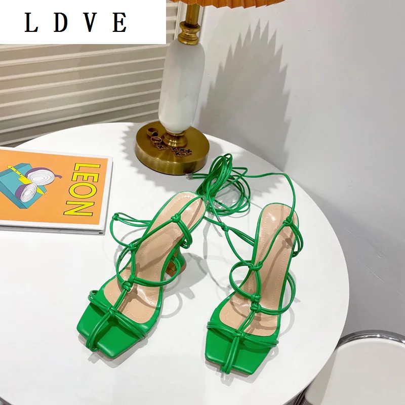 

New women's shoes lace-up square toe wineglass high-heeled hand-woven sandals