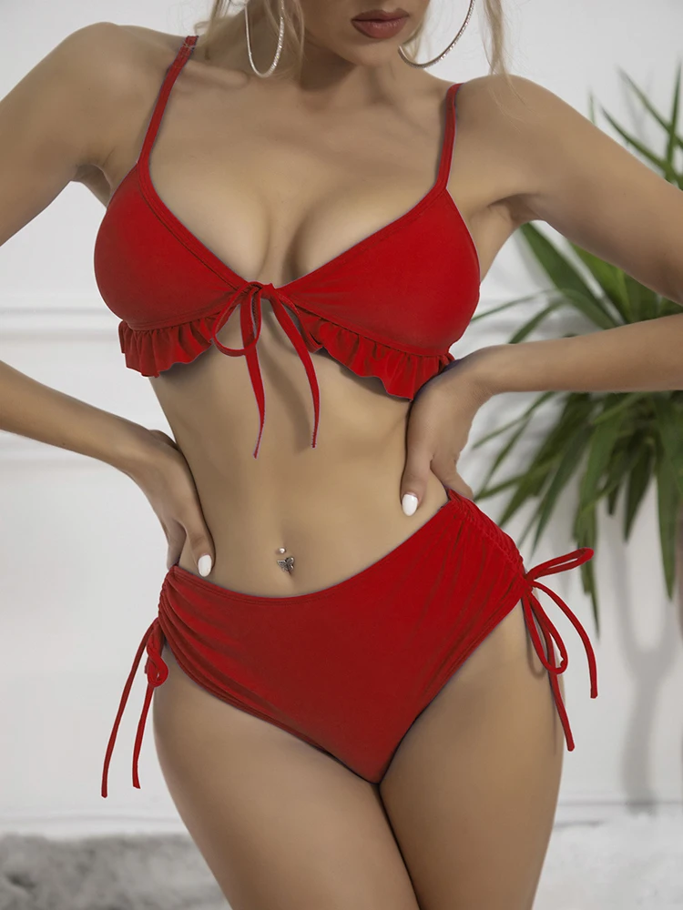 

Summer Solid Color Lace Drawstring Bikini Set Women Two Piece Low Cut Sling Backless Swimwear Fashion Lovely Push Up Beachwear