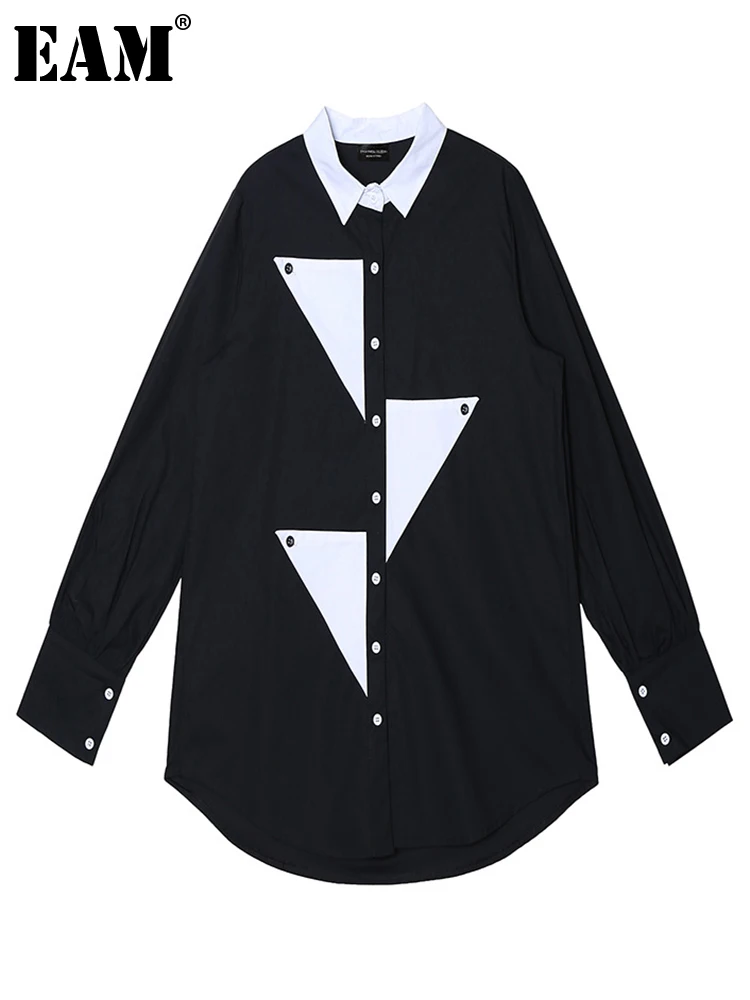 

[EAM] Women White Color-block Big Size Blouse New Lapel Long Sleeve Loose Fit Shirt Fashion Tide Spring Autumn 2022 1DE6923