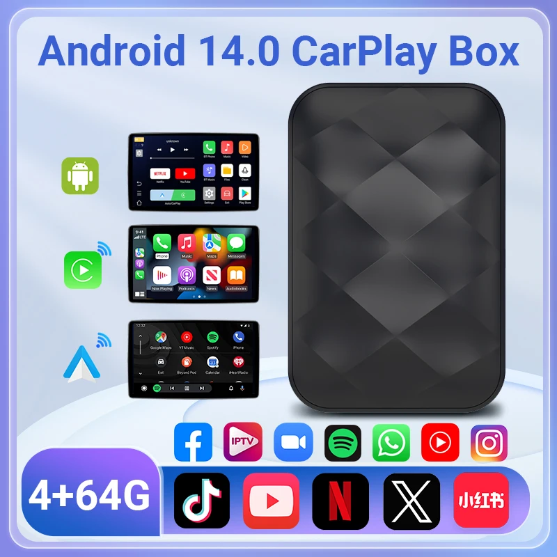 Новый 2025 Android 14 3в1 CarPlay Ai Box Беспроводной Auto USB-адаптер для Youtube Netflix Универсальный