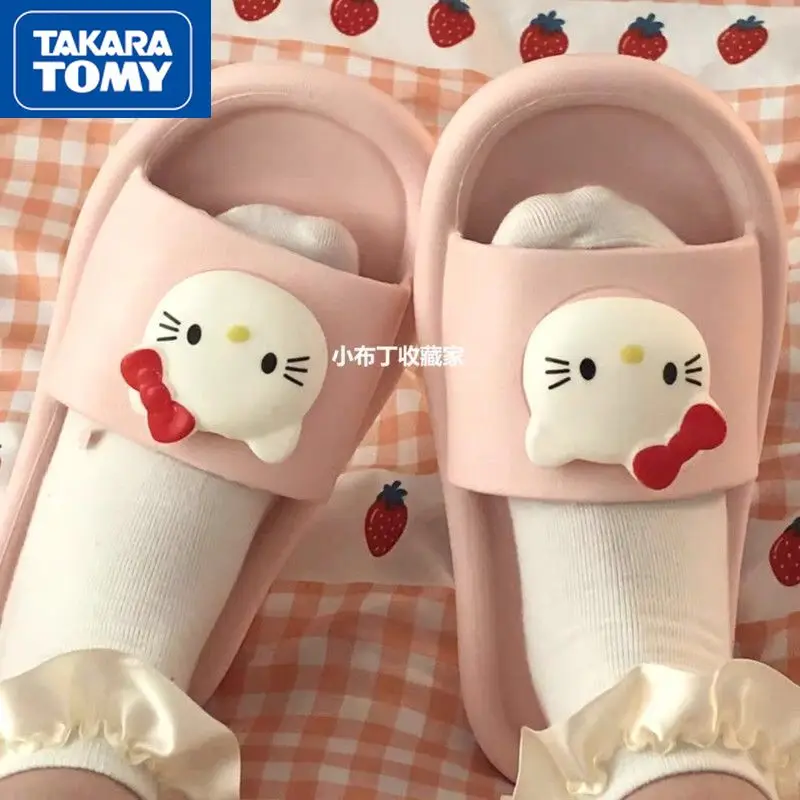 

TAKARA TOMY Hello Kitty Girls Pink Outer Wear Cartoon Cute Sweet Slippers Home Indoor Non-slip Dormitory Student Flat Shoes