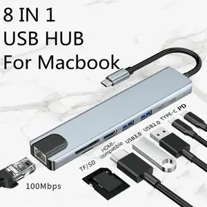 8-in-1 USB C Hub Type-C 3.0 to 4K HDMI-Compatible RJ45 USB SD/TF Card Reader 87W PD Fast Charge USB HUB Dock For MacBook Air Pro