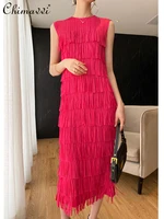 2022 summer new fashion solid color sleeveless slim fit dress female simple round neck tassel pleated dress for women