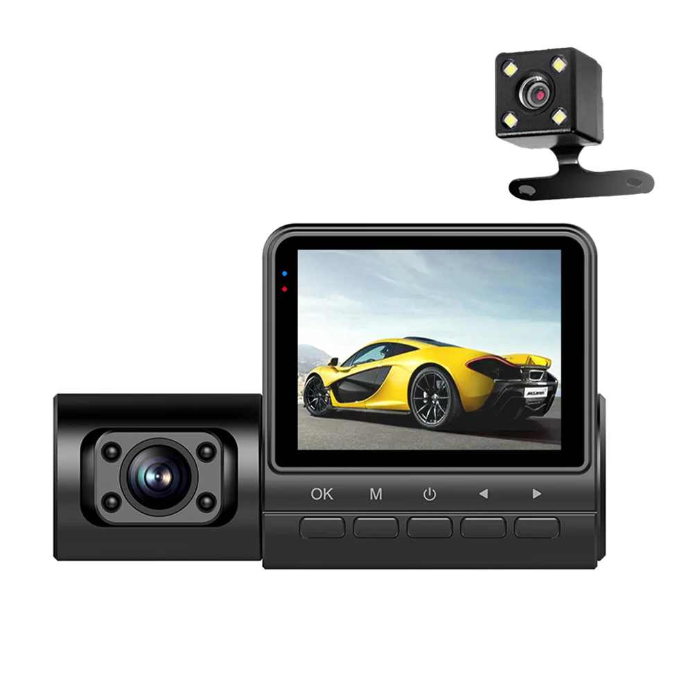 

Видеорегистратор 1080P, 3-объектив, передняя и внутренняя и задняя камеры, 2-дюймовый экран, видеорегистратор с функцией ночного видения/обнаружения движения
