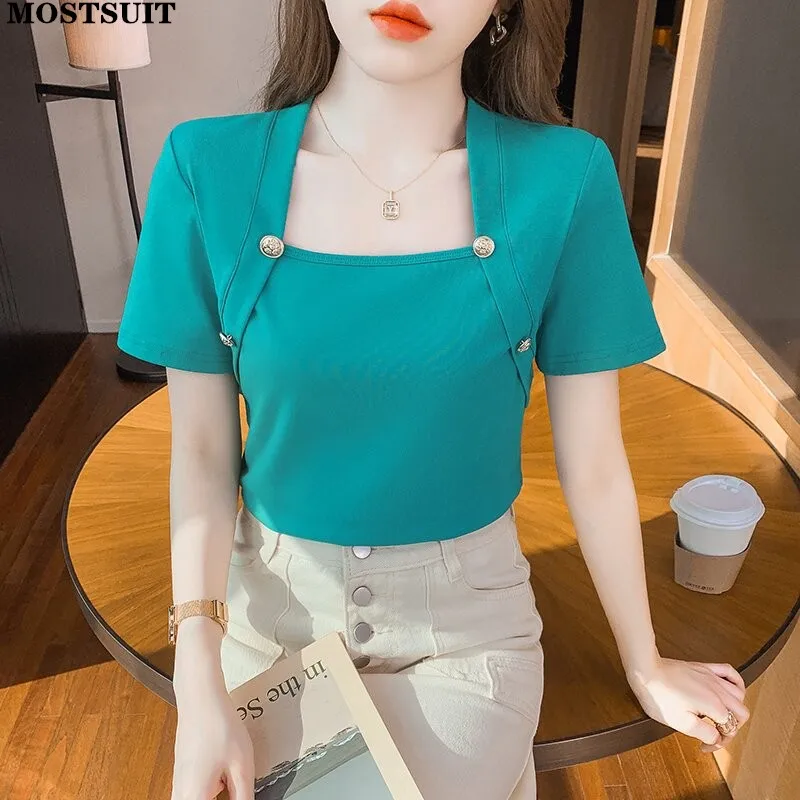 

Summer Stylish Korean Tees T Shirt Women 2022 Squar Collar Buttons Vintage Fashion Pullover Tops Short Sleeve Slim Ladies Tshirt