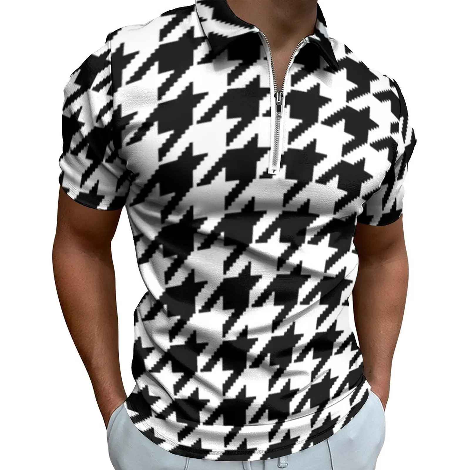 

Рубашка-поло Houndstooth Pixel, черно-белая классическая Повседневная рубашка, Повседневная трендовая Мужская Дизайнерская рубашка с коротким рукавом и воротником