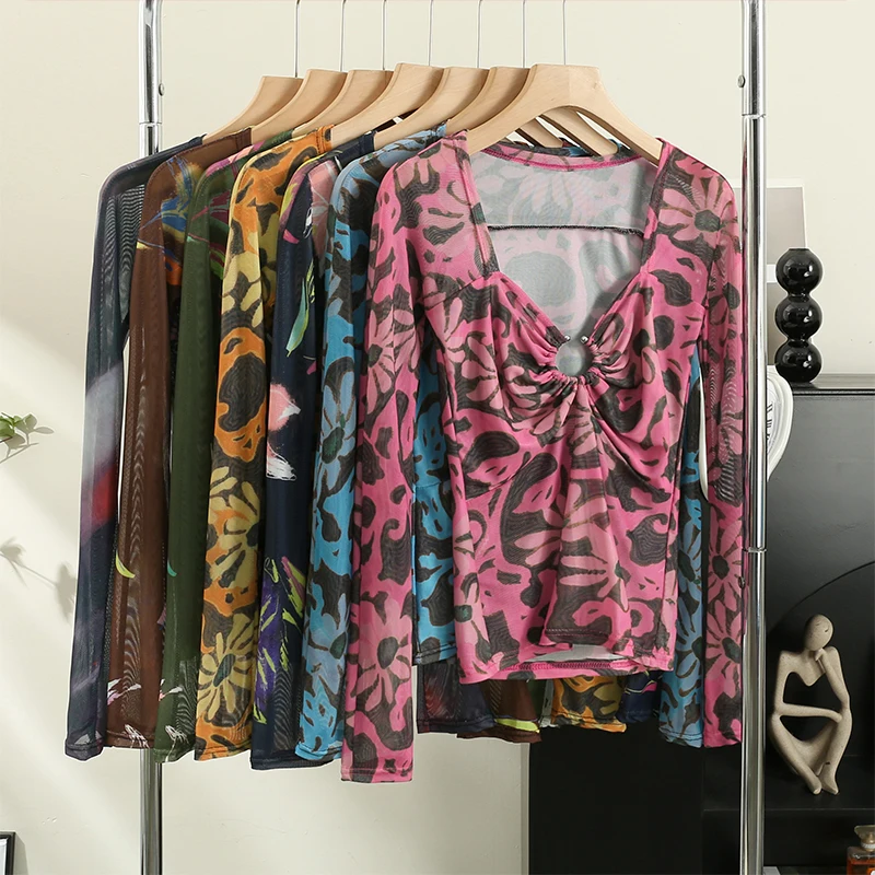 

Sexy Tie Dye V-neck Long Sleeve T-shirt Women 2023 Summer Spice Slim Chic Top Graphic T Shirts for Women Vintage Clothes