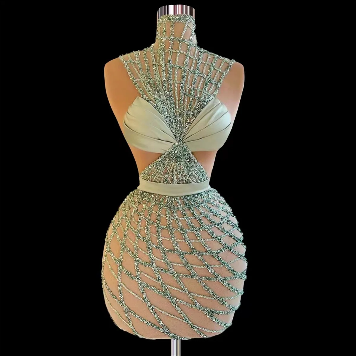 

Cocktail Dress Mini Dress Green With Diamonds Sequins High Neck Sleeveless Bandage Crystal Evening Sexy Women'S Party 2023