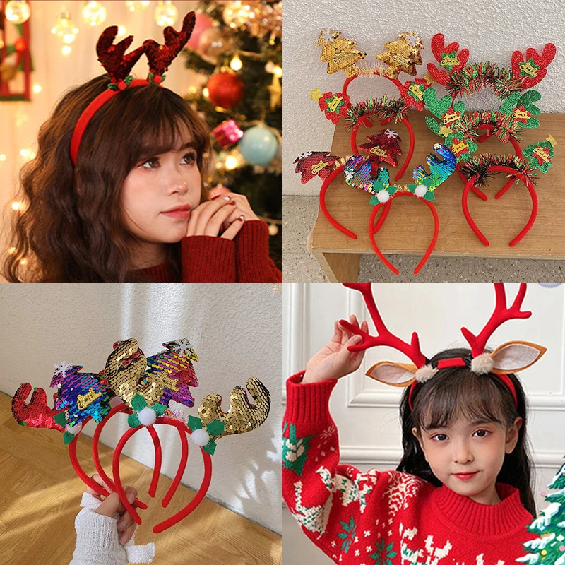 

Christmas Head Hoop For Children Santa Claus Elk Antlers Hairbands Sequin Glitter Hair Hoop Festival Party Hair Accessories New