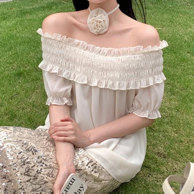 

Korean 2023 Summer Office Tops Sweet Pink Flower Off Shoulder Chiffon Shirts and Blouses Summer Puff Sleeve Elegant Blusas 26654