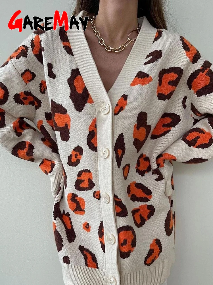 Зимний бежевый кардиган с леопардовым принтом Женская куртка пуговицами