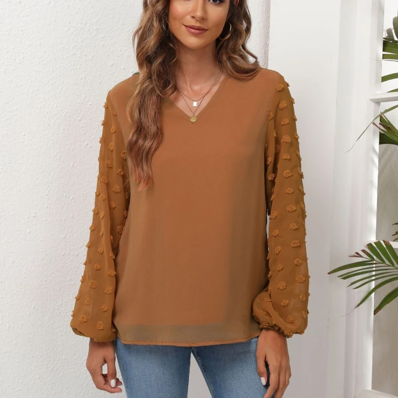 

Women Summer Casual V Neck Long Sleeve Shirt Top Chiffon Blouse