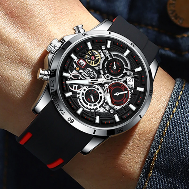 Часы наручные LIGE мужские с силиконовым ремешком брендовые Роскошные