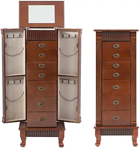 

Шкаф для ювелирных изделий, сундук, деревянная шкатулка для ювелирных изделий, подставка для хранения, органайзер с боковыми дверцами, 7 ящиков, зеркало для макияжа, помада