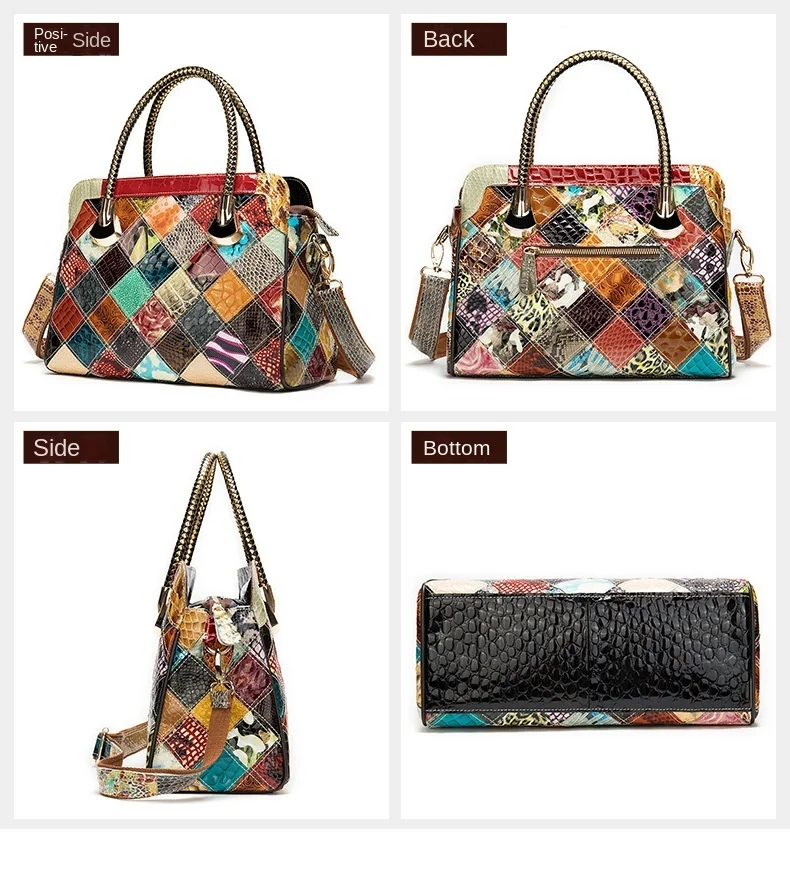 

Ethnic Style Women's Handbags Leather Stitching Bag Fashion First Layer Leather One-Shoulder Messenger Bag Women's Bag