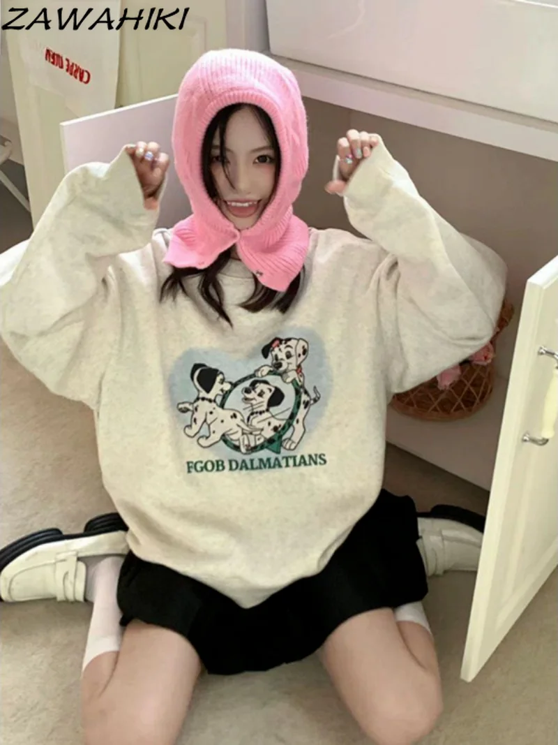 

American Retro Cotton Letter Cartoon Graphic Print Sweatshirt Women Fashion O-neck Loose Pullover Casual Streetwear Chic Top