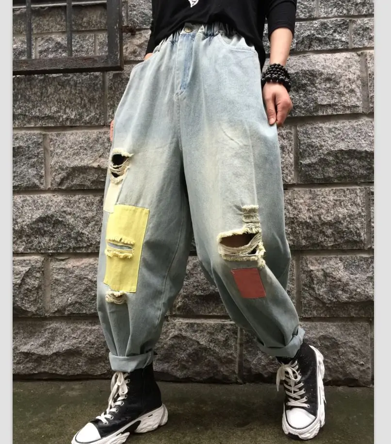 

Женские ковбойские шаровары с широкими штанинами, синие мешковатые рваные джинсы в стиле бойфренд, уличная одежда в американском стиле