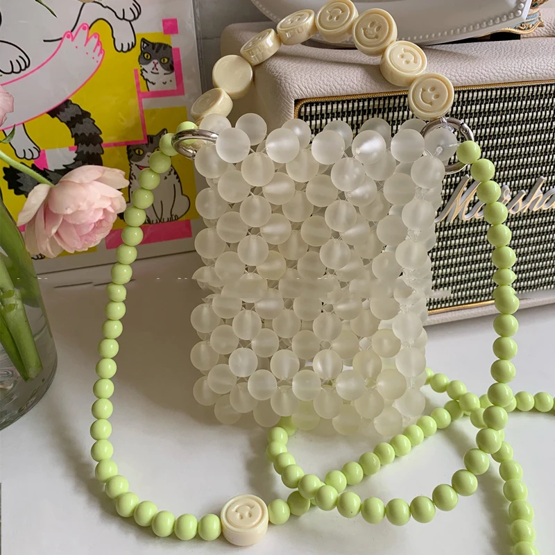 

2022 New Summer Green Pures and Bags Smiley Face Hand-woven Beaded Clear Bag Stitching Portable Key Messenger Cute Crossbody Bag