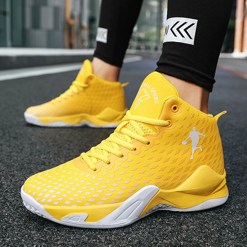 High-top Mesh Yellow Unisex Basketball Shoes Outdoor Anti-slip Men Sports Shoes Anti-shock Breathable Women Basketball Sneakers
