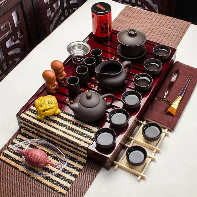 

Керамический деревянный поднос для чая кунг-фу для церемонии, комплект из 27 предметов, чайник из исинской глины, чайный сервиз для горячего чая, китайская распродажа