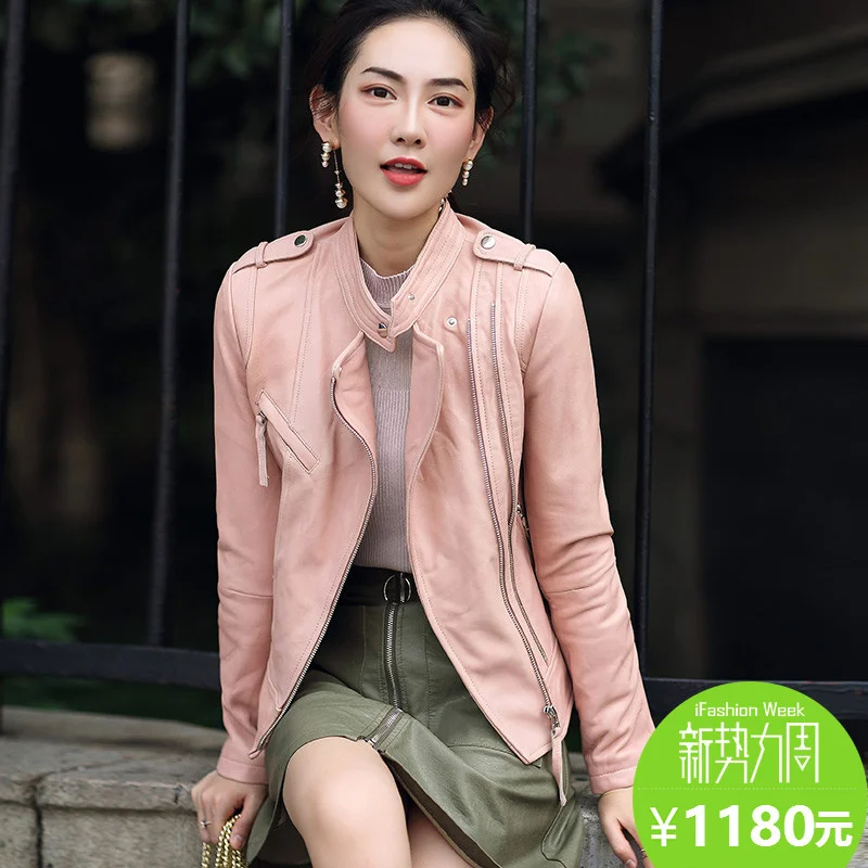 

Spring and Autumn New Haining Leather Clothes Women Sheepskin Short Fit Motorcycle Leather Jacket