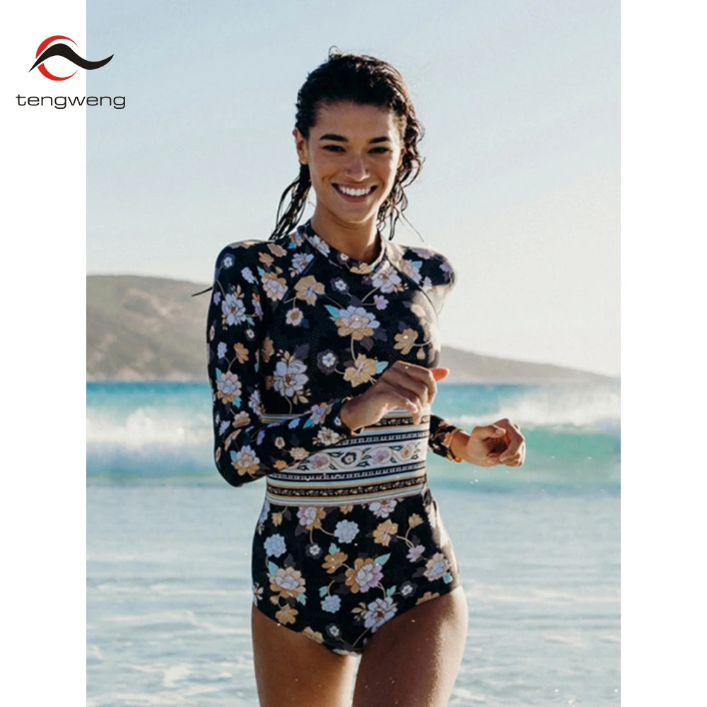 

Слитный купальник с цветочным принтом, женский купальник с длинным рукавом и высоким вырезом, спортивный купальник с высоким воротом 2022, ку...