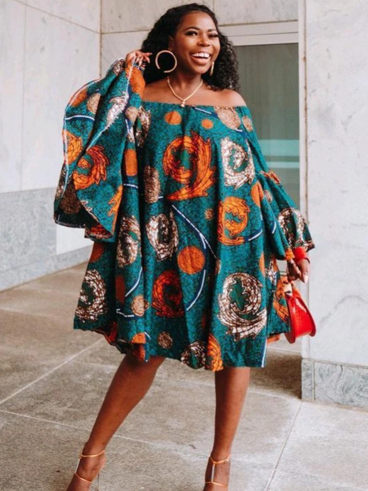 

Polyester African Dress For Women Flower Print Slash Neck Off The Shoulder Backless Daily Evening Party Dress African Dresses