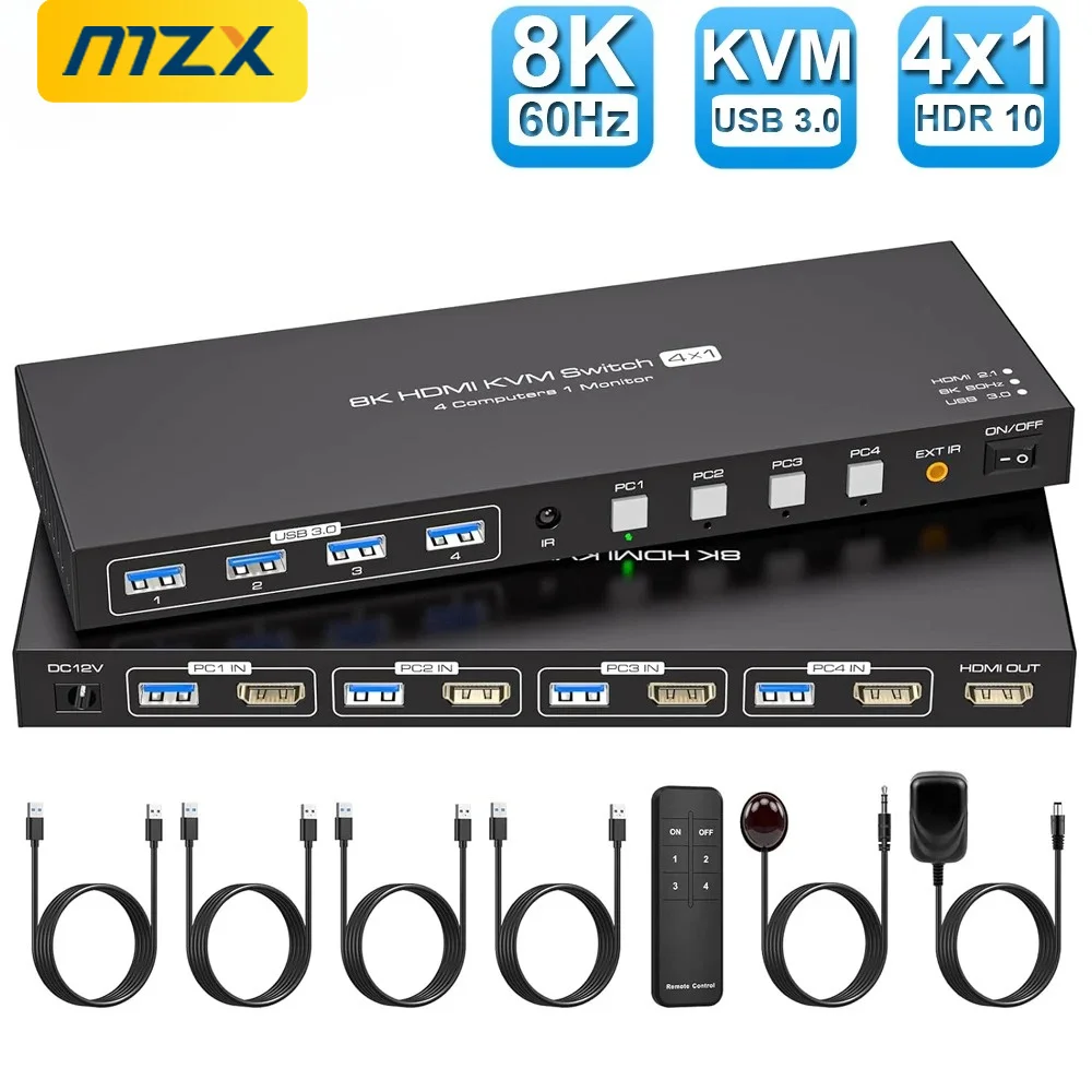 Фото MZX 8K HDMI-совместимый KVM-переключатель 1 монитор 4K 144Гц 4x1 USB 3.0 хаб-переключатель для 4 компьютеров, позволяющий совместно использовать клавиатуру, мышь, USB-принтер. №2