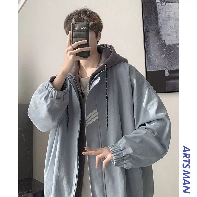 

NEW IN Style Hooded Jacket 2022 Spring Autumn New Coat Fake Two-piece Jacket Men's Trend Loose Cool High Street Baseball Uni