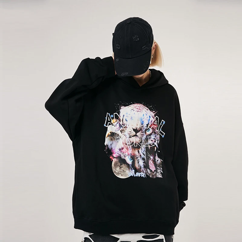 

Fashion Casual Streetwear Hoodie Digital Direct Injection Tiger Animal Printing Men Long Sleeve Inner Fluff Oversized Sweatshirt