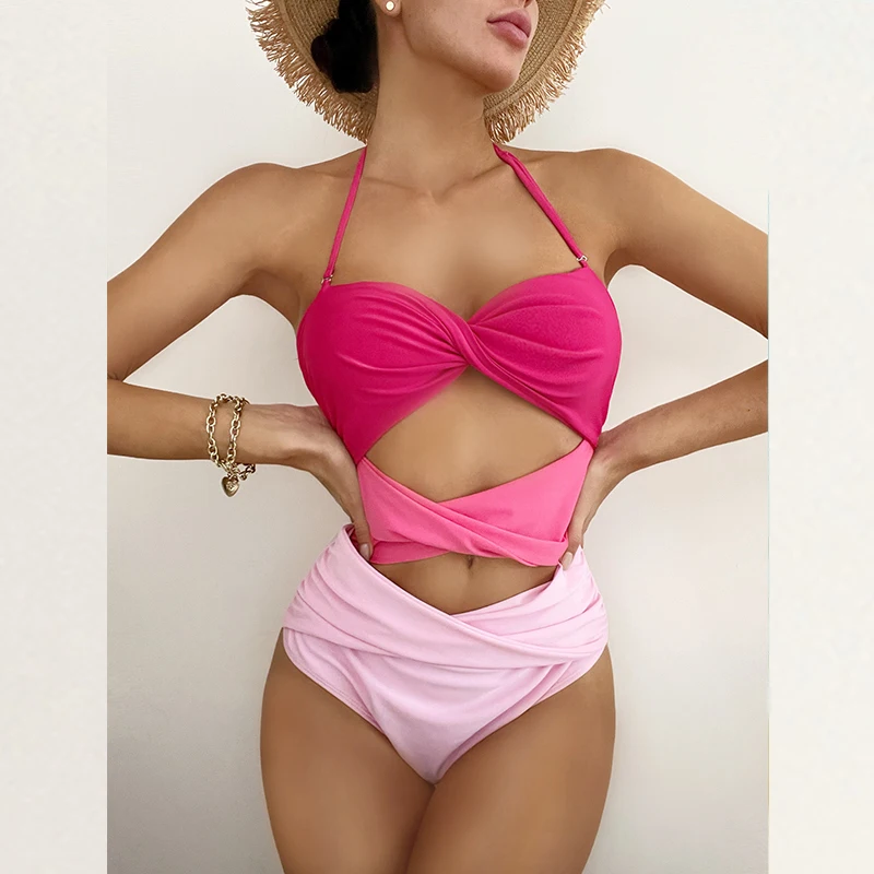 

Sexy Hollow Out Contrasting Colors Fold Bikini One Piece Halter Push Up Swimsuit New Women's Backless Holiday Beachwear Bodysuit