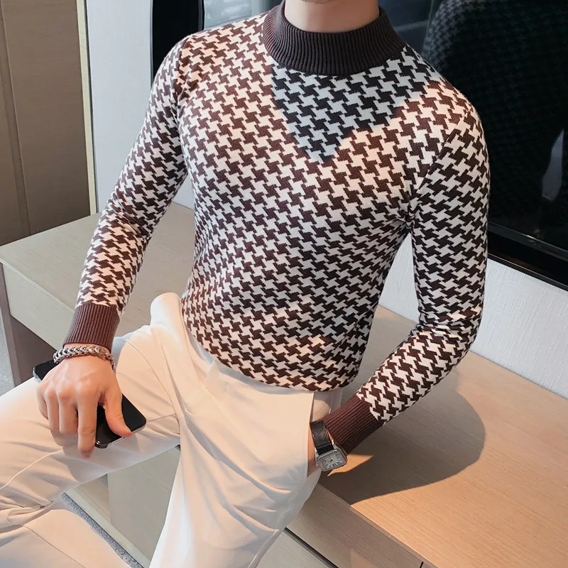 2023 Houndstooth Men Half Turtleneck Sweater Autumn Winter Warm Casual Slim Fit Pullovers Homme Thickened Plaid Jacquard Sweater