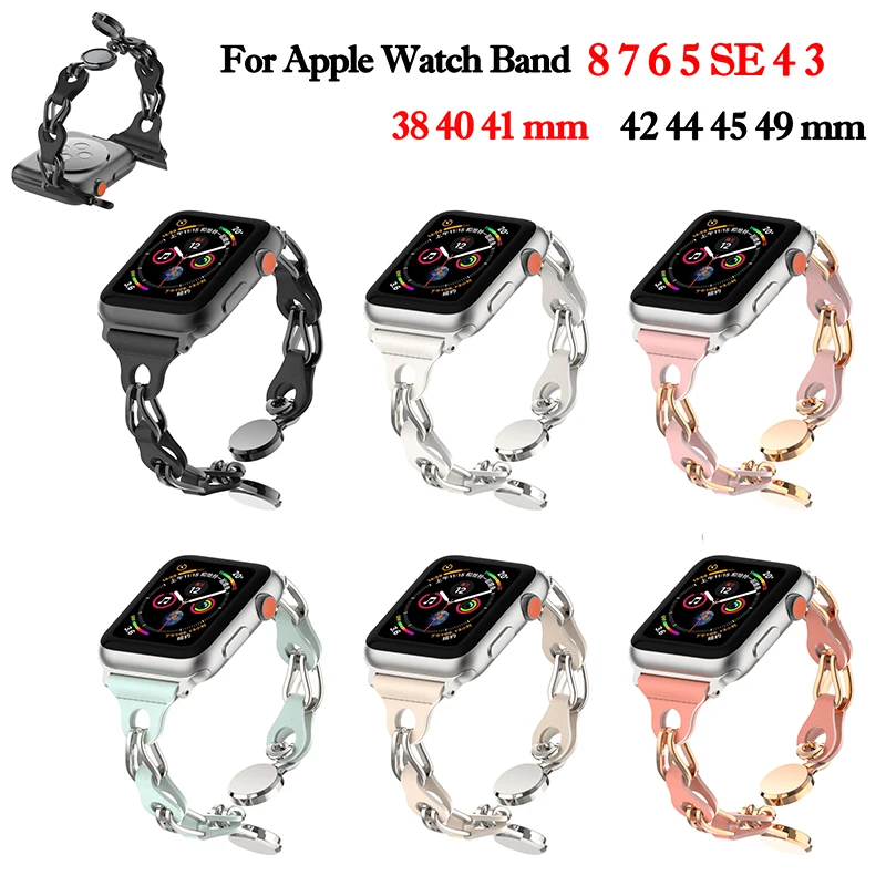 

Металлический кожаный ремешок для Apple Watch Band 45 мм 44 мм 40 мм 41 мм 38 42, магнитный браслет для iWatch 8 7 6 5 se 4 3 ultra 49 мм