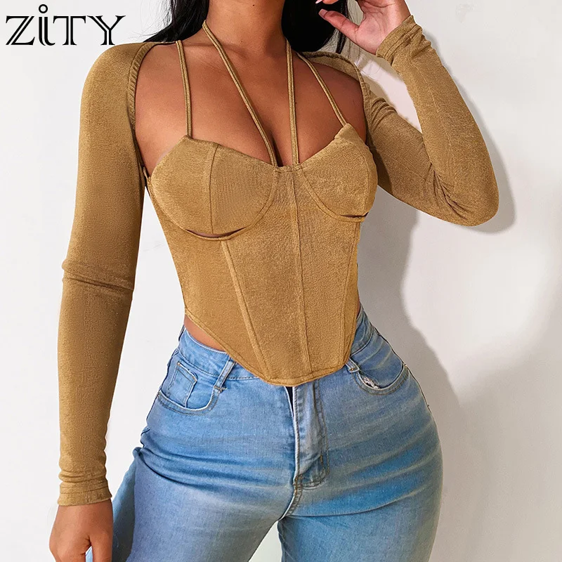 

Sexy Corset Tops Women Boning Low Cut T-shirt Spring Summer Long Sleeve Slim V-Neck Hollow Out T Shirt Female Party Club Blouses