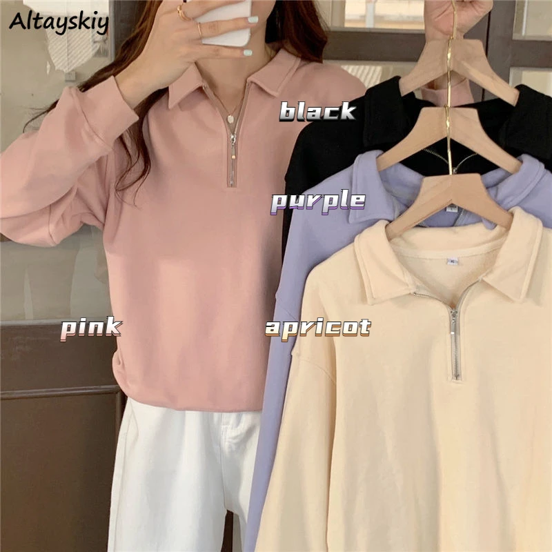 

Sweatshirts Women Sweet Zipper New Female Korean Style Loose Chic Fashion Simple All-match Casual Daily Preppy Turn-down Collar