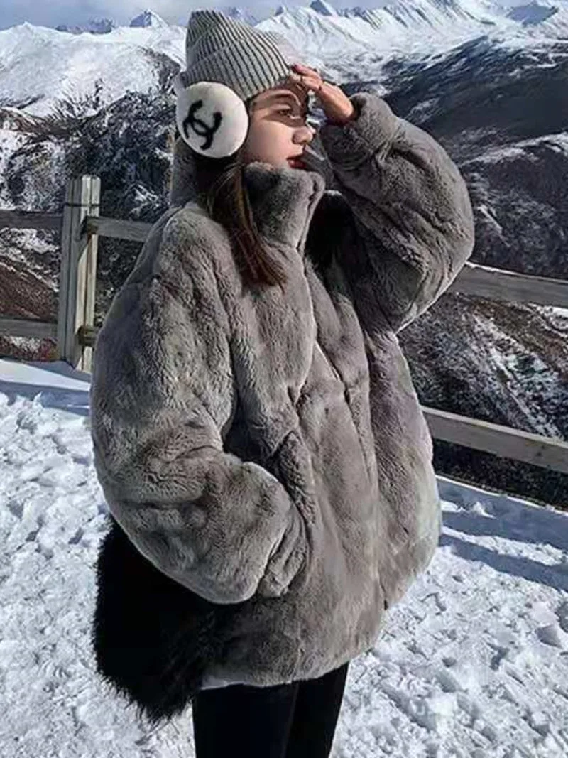 Plush Jacket Women Winter Imitation Rex Rabbit Fur Grass Mid-length Loose Thick Hooded Women Jacket 2022 Ins Hot Sale
