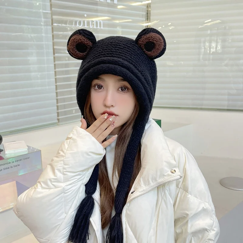 Frog Woolen Cap Women Autumn and Winter Korean Ins Cute Knitted Sleeve Green Earmuff Warm Earmuffs Student