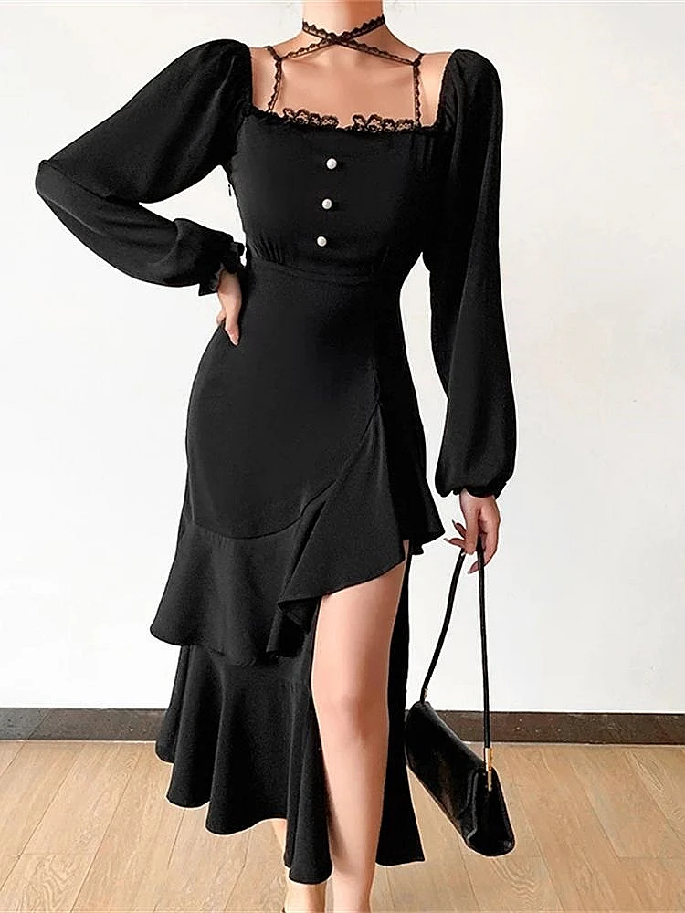 

Elegant Irregular Dress Women Long Sleeve Square Collar Slim Solid Office Lady Sundress Summer Fashion Sexy Split Long Dresses