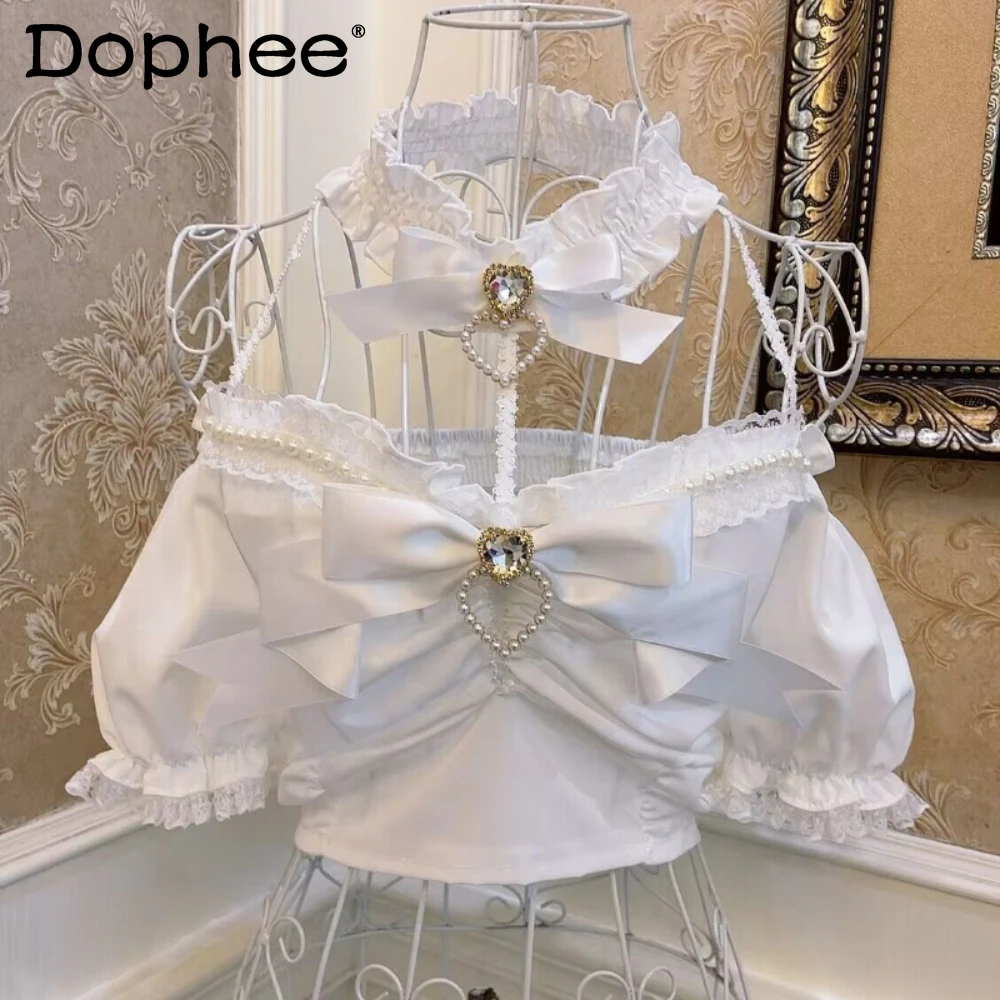 

Lolita New Blusas Princess Bowknot Love Rhinestone Pearl Lace Puff Sleeve Slim Fit Show Umbilical Halter Short Top Blouse Ladies