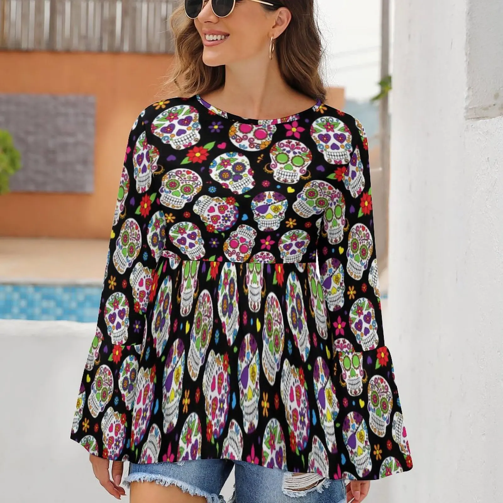 Футболка мексиканский сахарный череп красочные черепа цветочный принт уличная