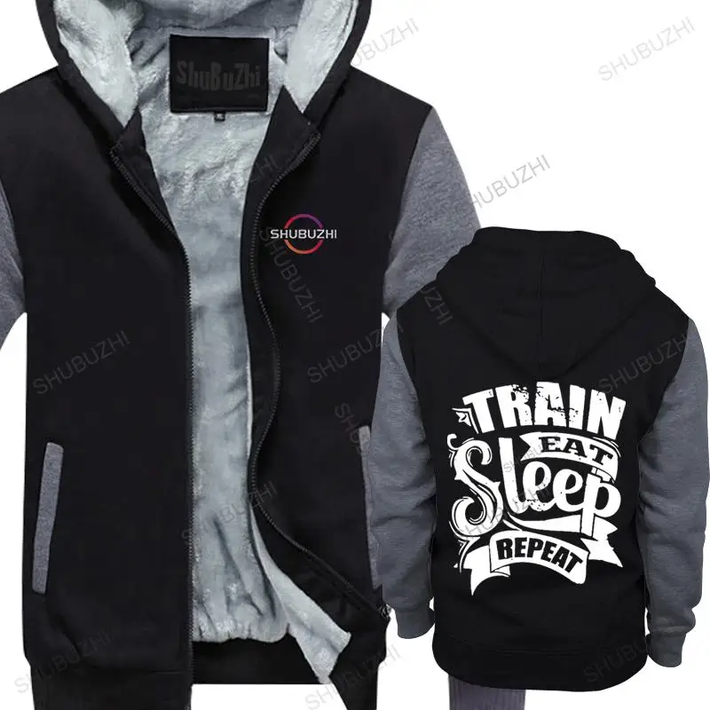 

Man black jacket thick hoodies brand clothing TRAIN EAT SLEEP BEPEAT men's winter vintage print sweatshirt fleece hoody foy boys