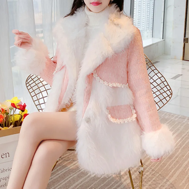 DALMAZZO New Winter Designer Christmas Wool Cardigan Overcoat Women Lapel Patchwork Tweed Long Sleeve Casual Loose Coat Female