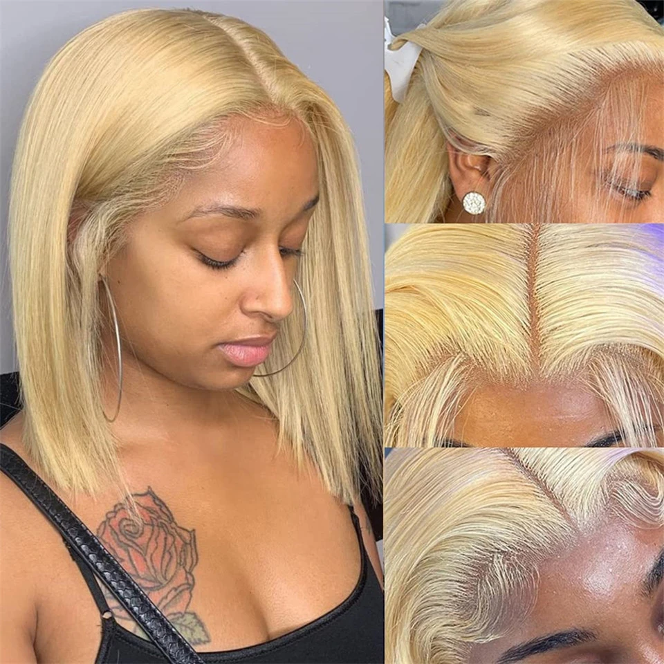 

Brazilian Straight Short Bob Wigs for Women 613 Blonde Transparent 13x4 Lace Front Human Hair Wig Pre Plucked 4x4 Closure Wigs
