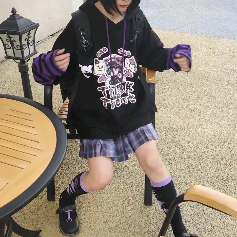 

women Hoodie Fake Two Piece Hooded Pullover Y2K anime cartoon printing Ullzang Harajuku Black Tops punk sweatshirt clothes