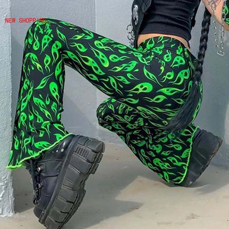 

Зеленые расклешенные брюки в стиле Харадзюку с принтом огня, пикантные женские уличные брюки в стиле эмо с высокой талией, пикантные брюки в стиле пьяной эмо, Y2K, Осень-зима