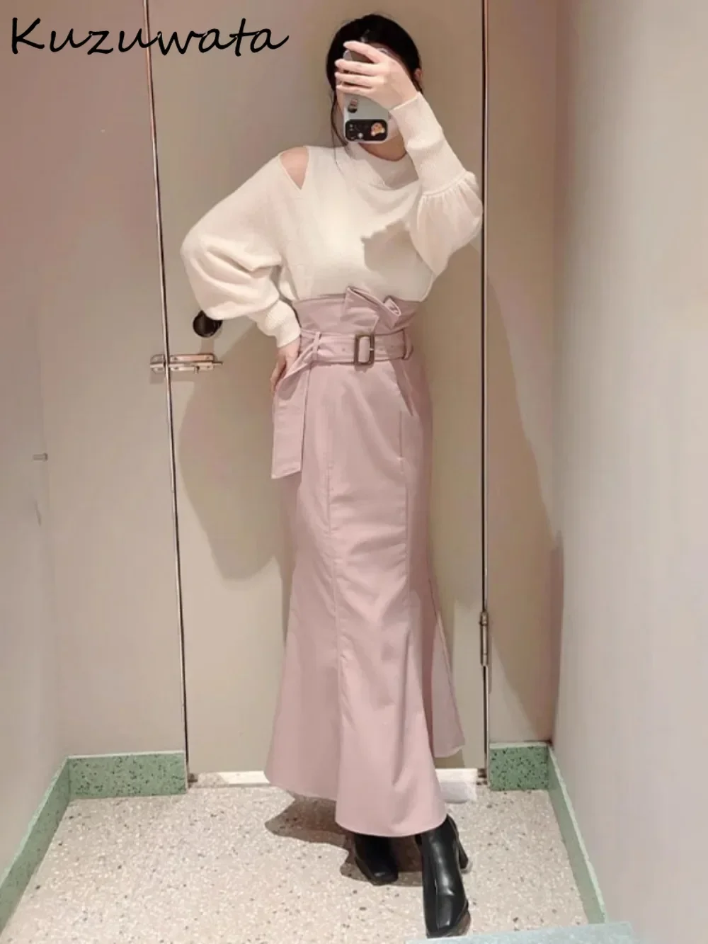 Kuzuwata Повседневные милые облегающие юбки с высокой талией и поясом Feminine Bud Mermaid Mujer